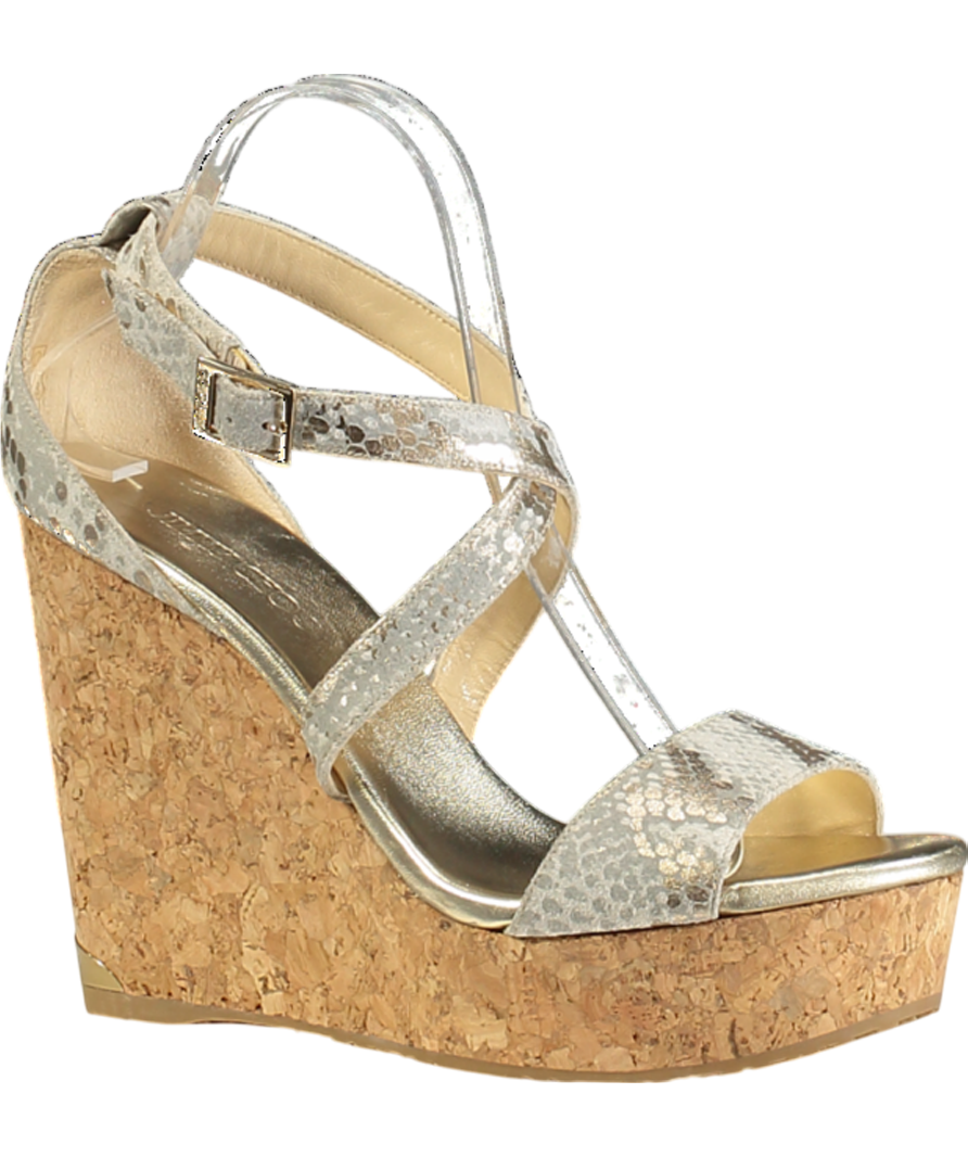 Jimmy Choo Metallic Gold Portia 120 Snakeprint Cork Wedges UK 8 EU 41 👠
