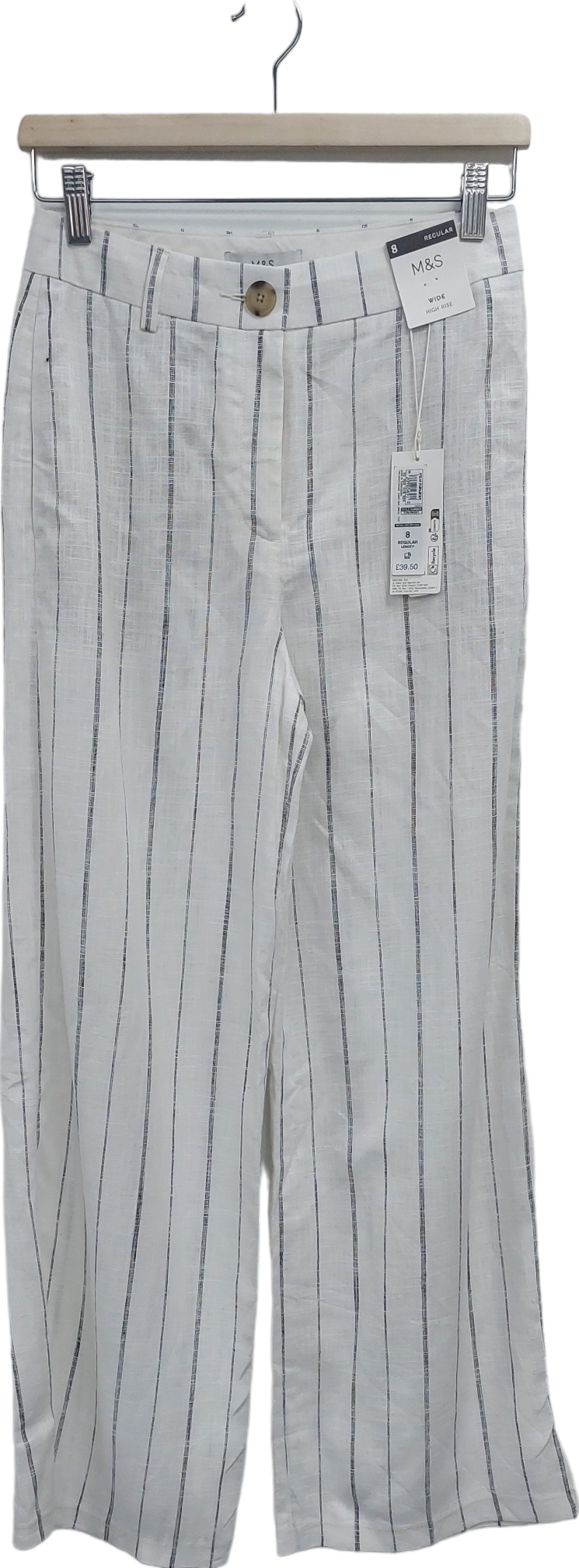 M&S White Striped Wide Leg High Rise Trousers UK 8
