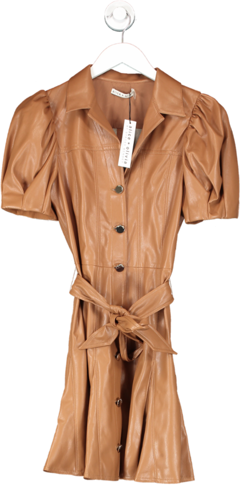 Alice + Olivia camel Pleated Belted Vegan Leather Mini Dress  UK 8