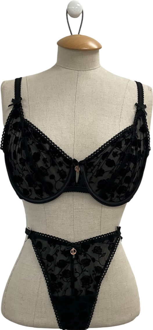 Lounge Underwear Black Flocked Floral Balcony Set UK 38G