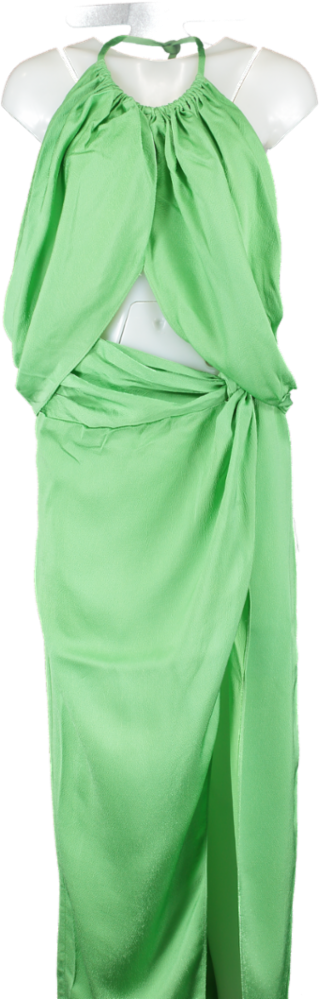 Anna Quan Green Elyse Cut-out Draped Hammered Satin Halter Maxi Dress UK 10