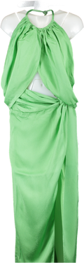 Anna Quan Green Elyse Cut-out Draped Hammered Satin Halter Maxi Dress UK 10