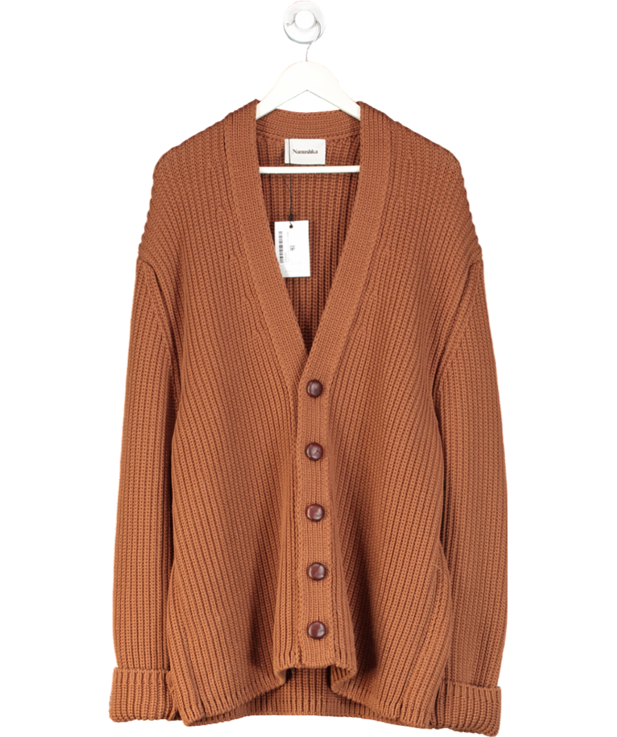 Nanushka Brown Milo V-neck Leather Button Oversize Cotton Blend Cardigan UK S