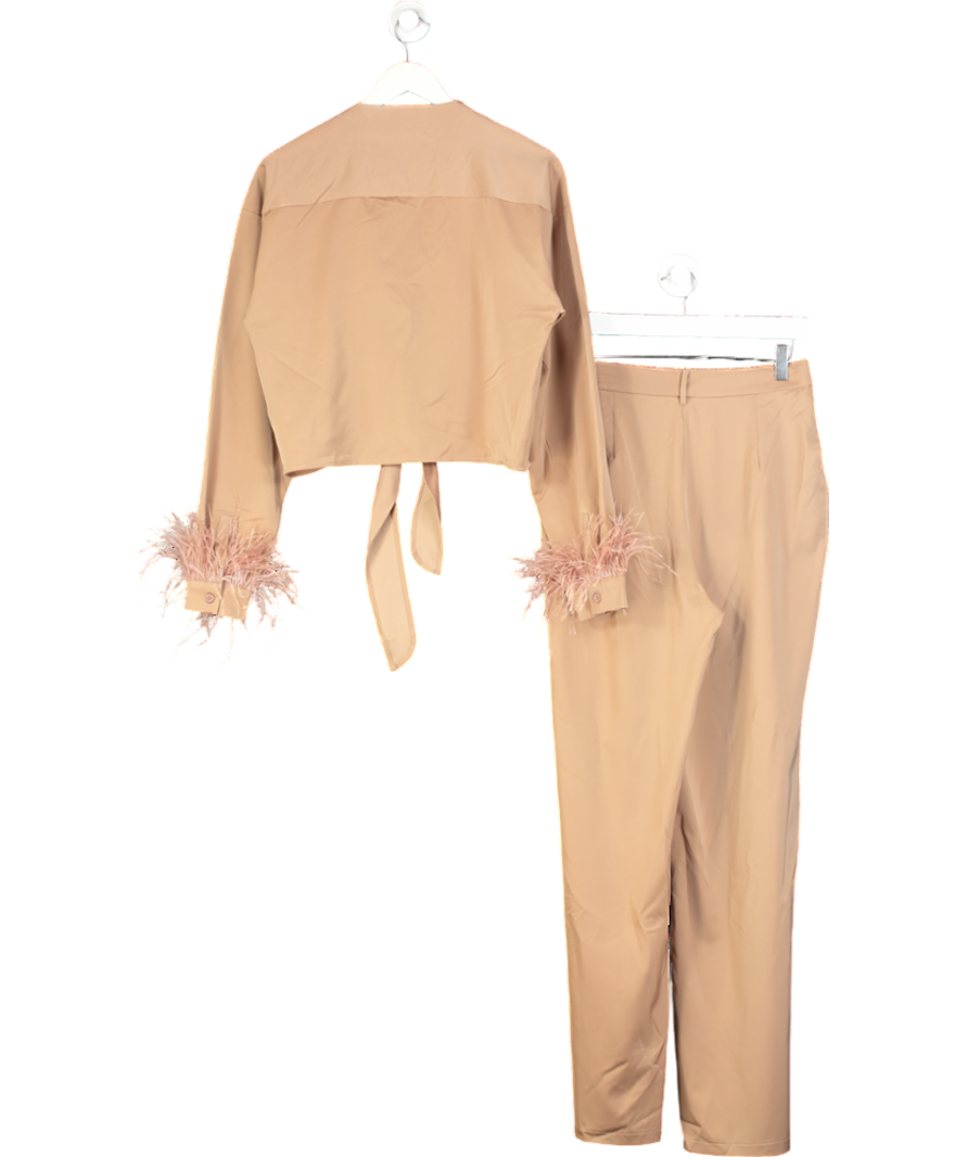 Club L Brown Feather Trim Satin Shirt And Trousers UK 10