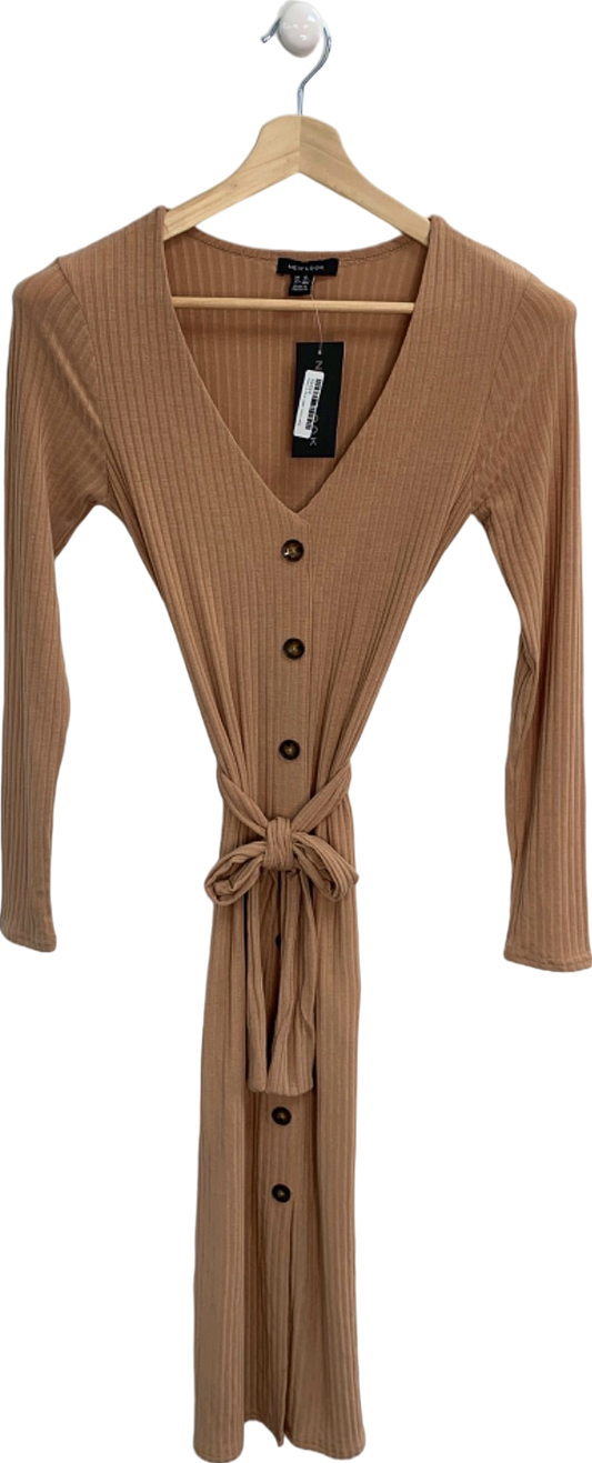 New Look Camel Rib Button Tie Belt Dress UK 10