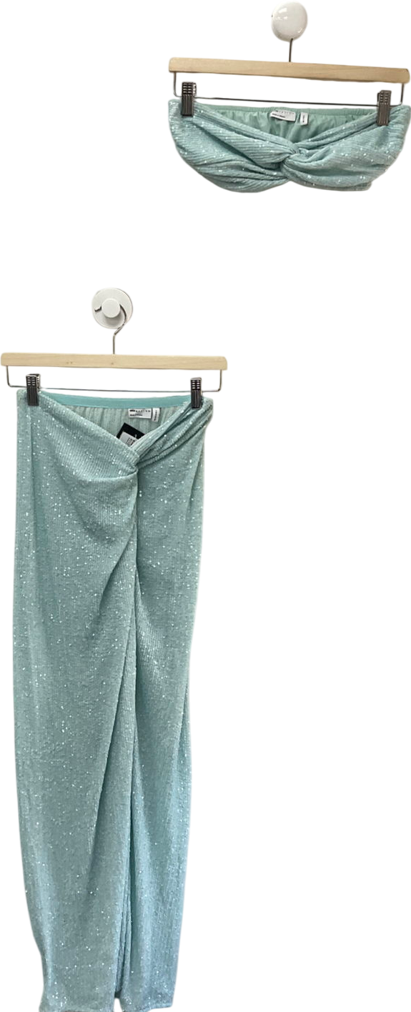 ASOS Sequin Twist Maxi Beach Skirt Co Ord In Soft Blue & Twist Bandeau Top UK 8