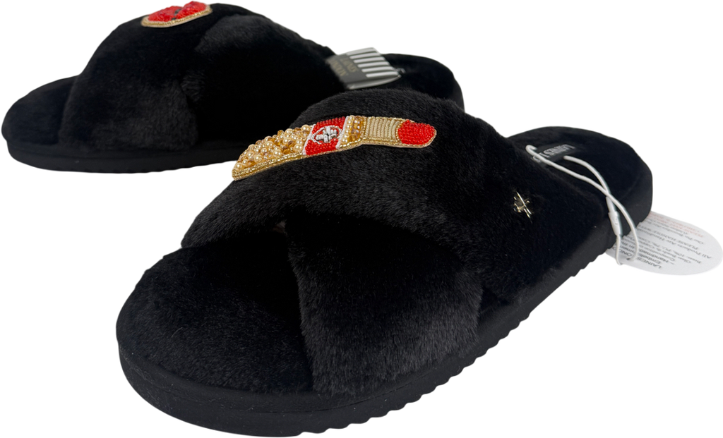 Laines London Black Lips And Lipstick Brooches Slippers - Size L UK 7/8