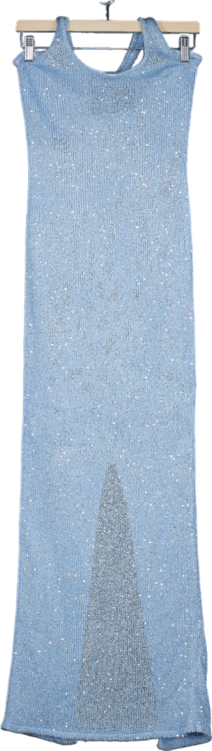 Noughts & Kisses Astrid Blue Sequin Knit Halter Maxi Dress UK S