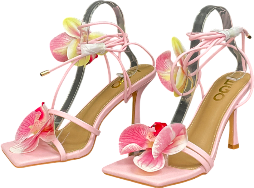Ego Sugar-essance Lace Up Flower Detail Square Toe Heel In Pink Faux Leather UK 6 EU 39 👠