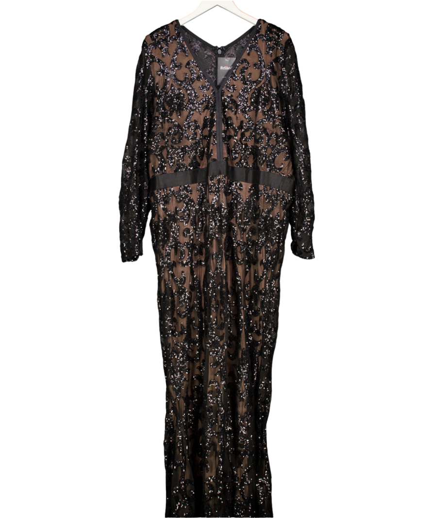 Goddiva Black Embroidered Sequin & Mesh Maxi Dress UK 26