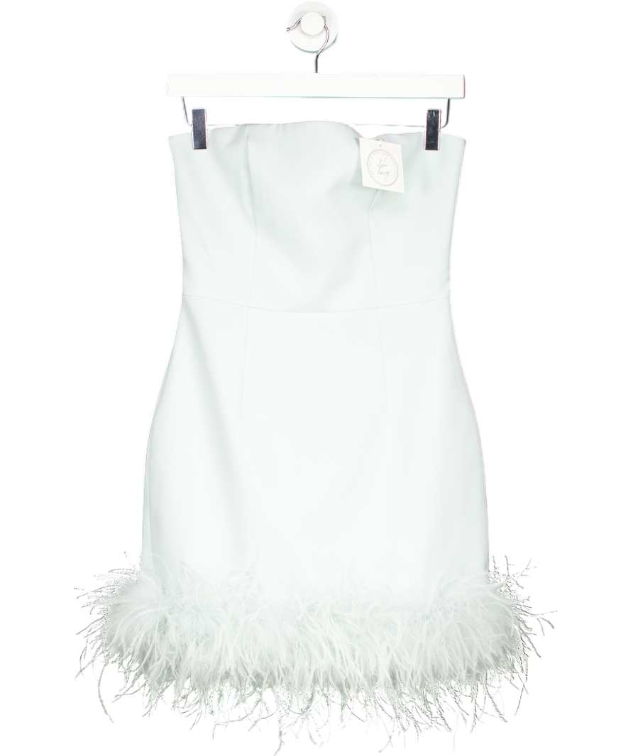 MELROSE HAUS X Alisha Lemay Ice Blue Feather Trim Mini Dress UK XS