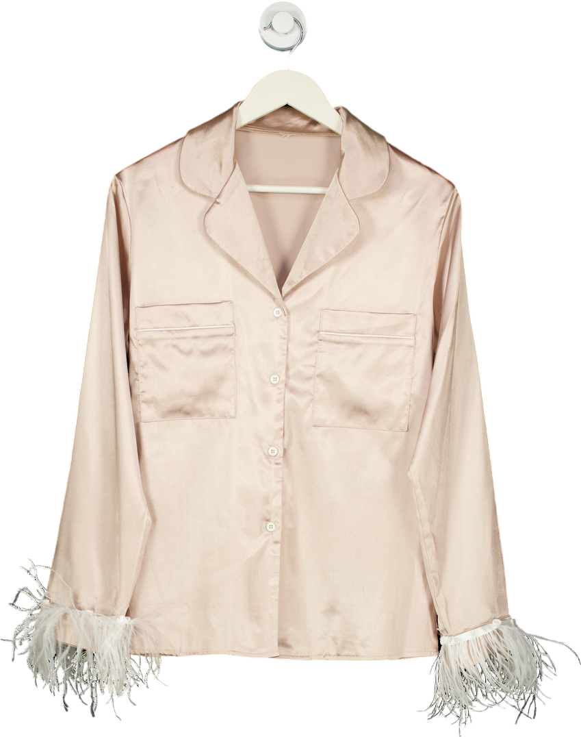 Pink satin feather trim shirt UK S