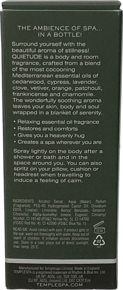 templespa Quietude Calming Aromatherapy Spray 100ml