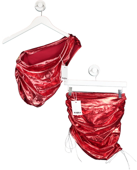 Kasela Studio Red Metallic Ruched Skirt And One Shoulder Top Co Ord UK 8