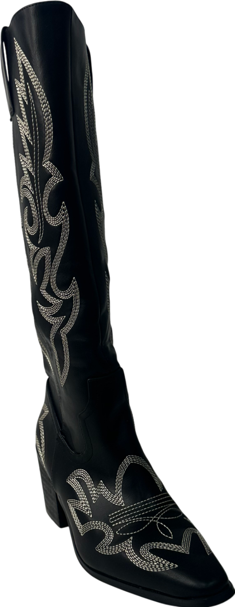 boohoo Black Vintage Look Calf Detail Embroidered Western Cowboy Boots UK 5 EU 38 👠