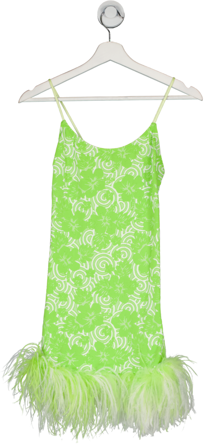 Leslie Amon Green Laurie Feather Trimmed Jacquard Knit Mini Dress UK XS
