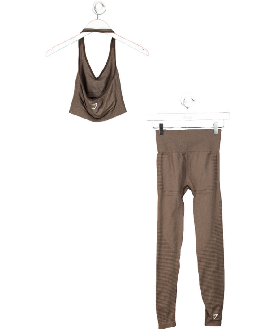 gymshark Brown Vital Seamless 2.0 V Neck Sports Bra & Leggings Set UK XS