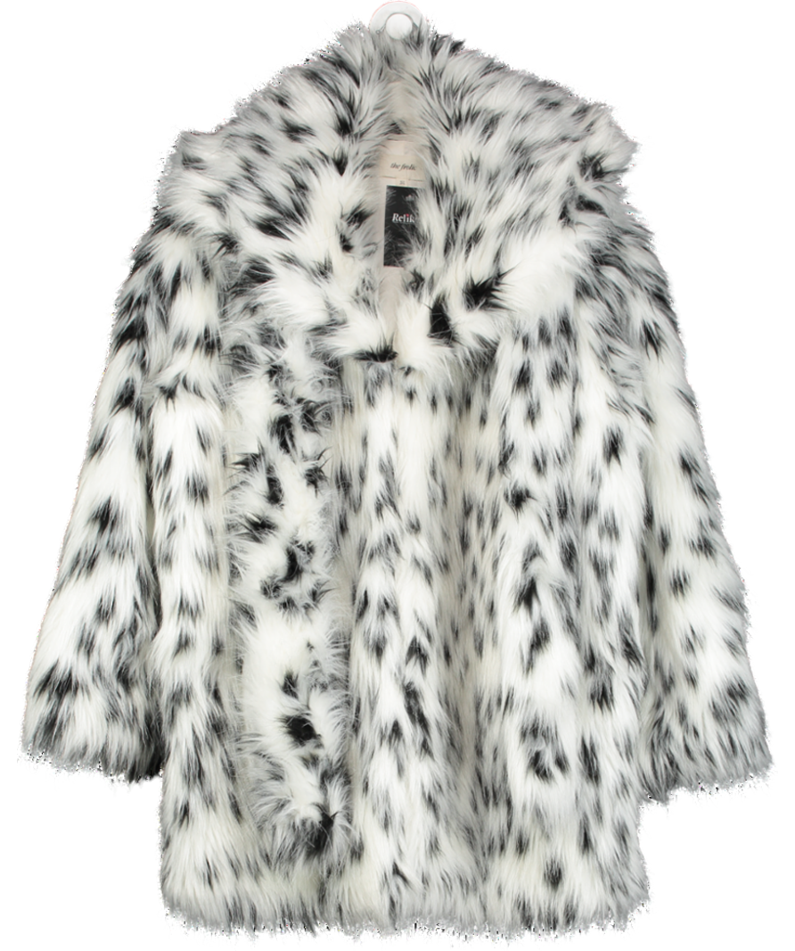 the frolic White Bella Stovey Exclusive Faux Fur Belted Oversized Collar Coat In Dalmation Print UK 10