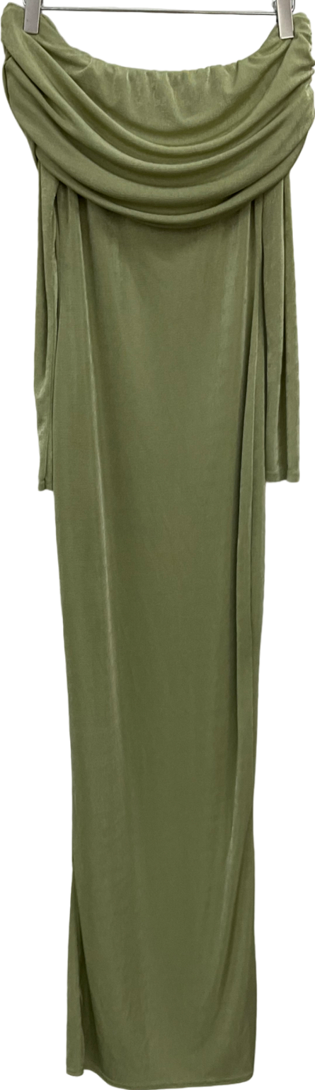 PrettyLittleThing Sage Green Acetate Slinky Bardot Long Sleeve Maxi Dress UK 10