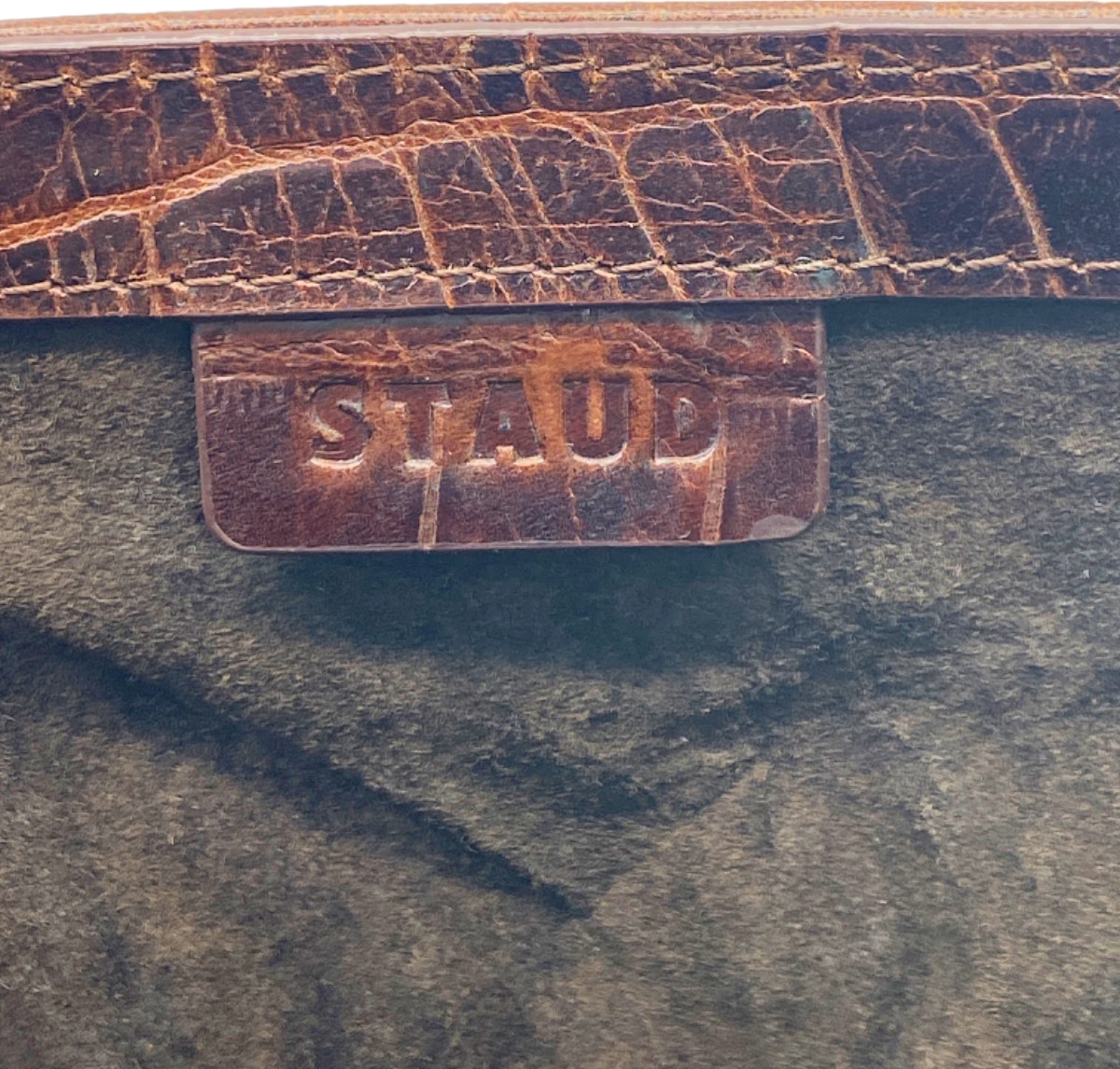 STAUD Brown Edie Croc-Embossed Leather Bucket Bag