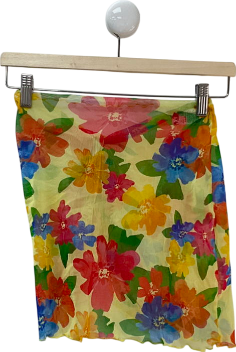 ASOS Yellow Floral Print Bikini Set And Matching Mesh Cover Up Skirt UK 6