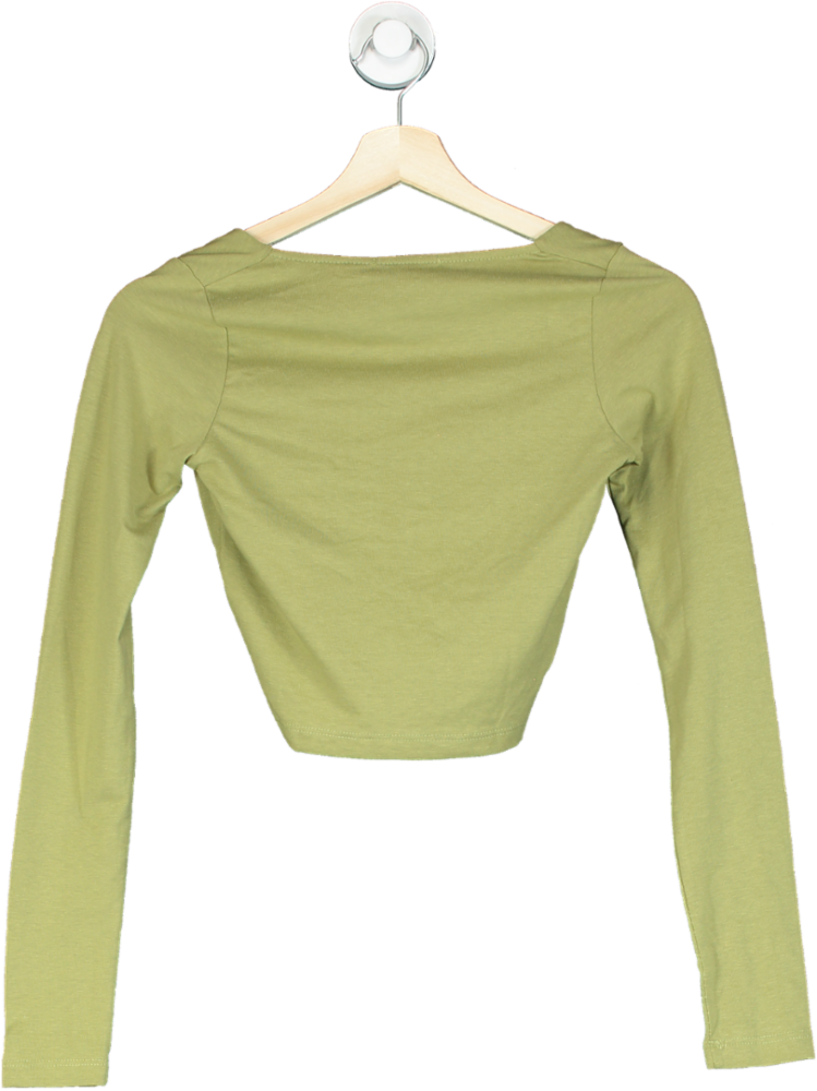 Pretty Little Thing Khaki Cotton Twist Front Long Sleeve Crop Top UK 10