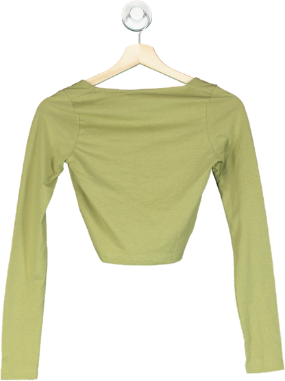 Pretty Little Thing Khaki Cotton Twist Front Long Sleeve Crop Top UK 10