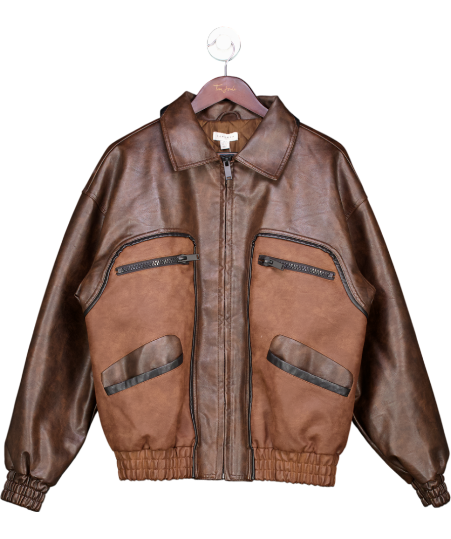 Topshop Faux Leather Oversized Bomber Jacket In Brown UK S