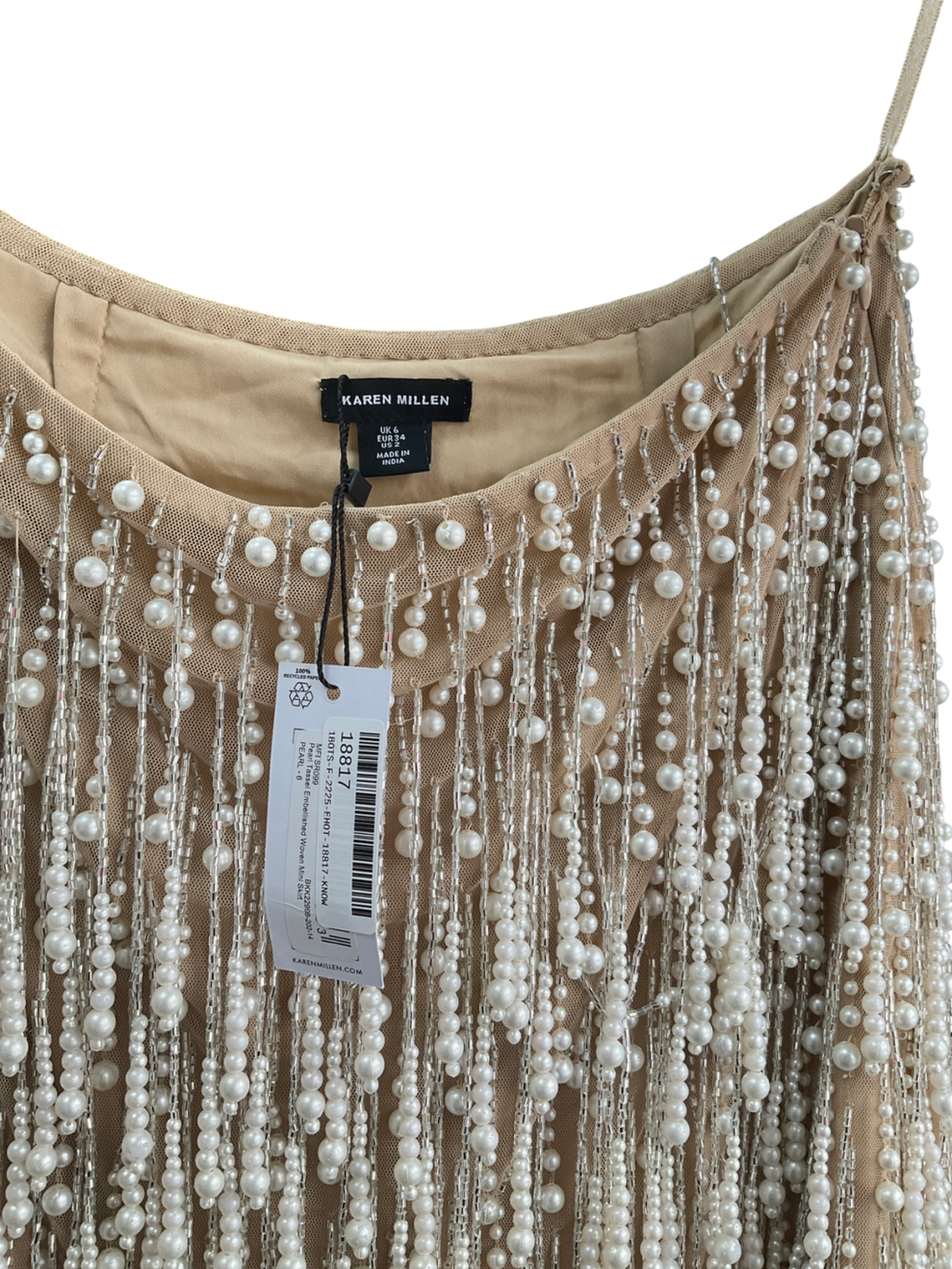 Karen Millen Beige Pearl Tassel Embellished Woven Mini Skirt UK 6