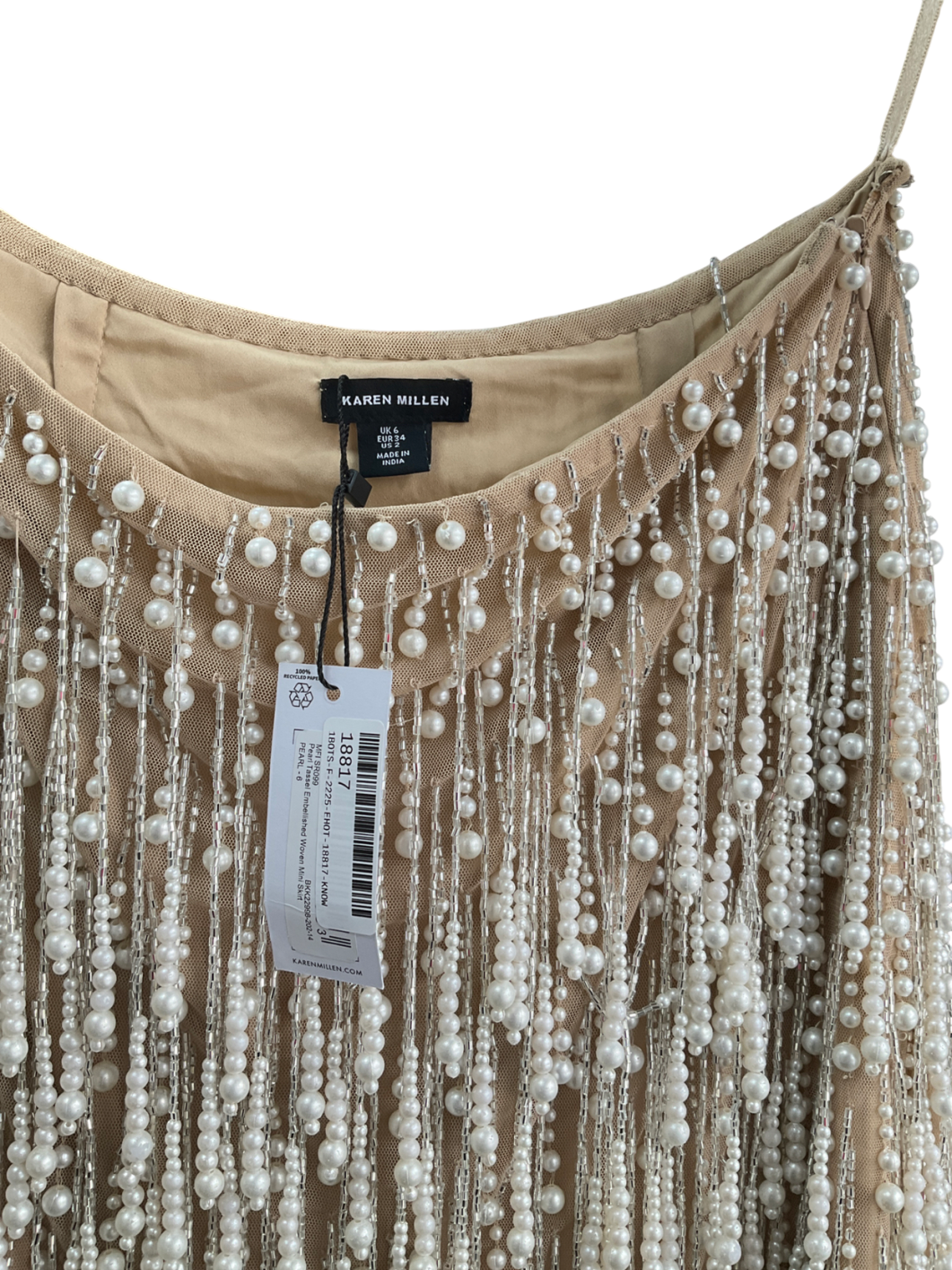 Karen Millen Beige Pearl Tassel Embellished Woven Mini Skirt UK 6