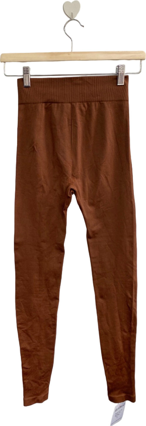 PrettyLittleThing Brown Ribbed Leggings UK XS