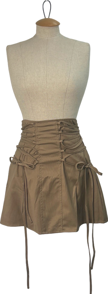 PLT Label Beige Lace-Up High Waist Mini Skirt UK 10