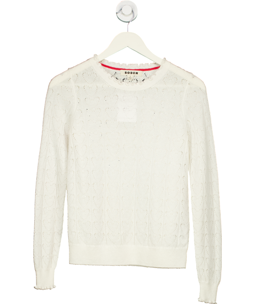 Boden White Fluffy Heart Pointelle Jumper UK XS