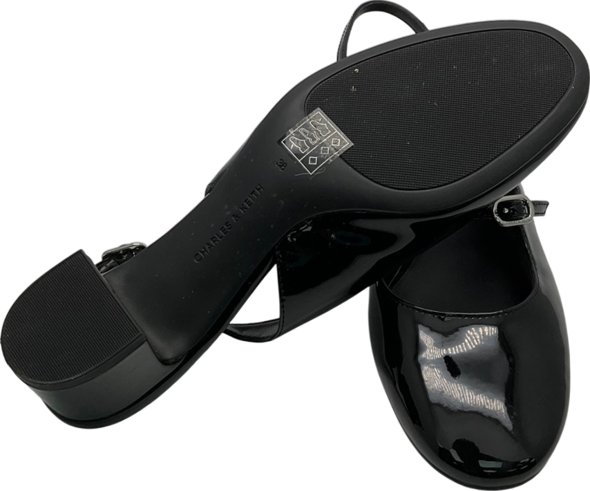 Charles & Keith Black Patent Double Buckle Sling Back Kitten Heels UK 5 EU 38 👠