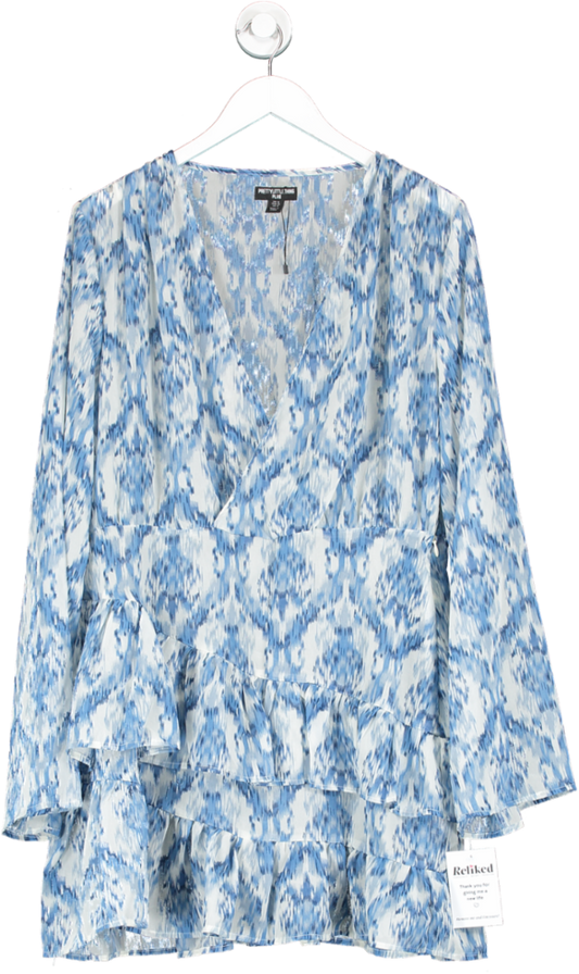 PrettyLittleThing Plus Blue Print Long Sleeve Mesh Wrap Dress UK 16