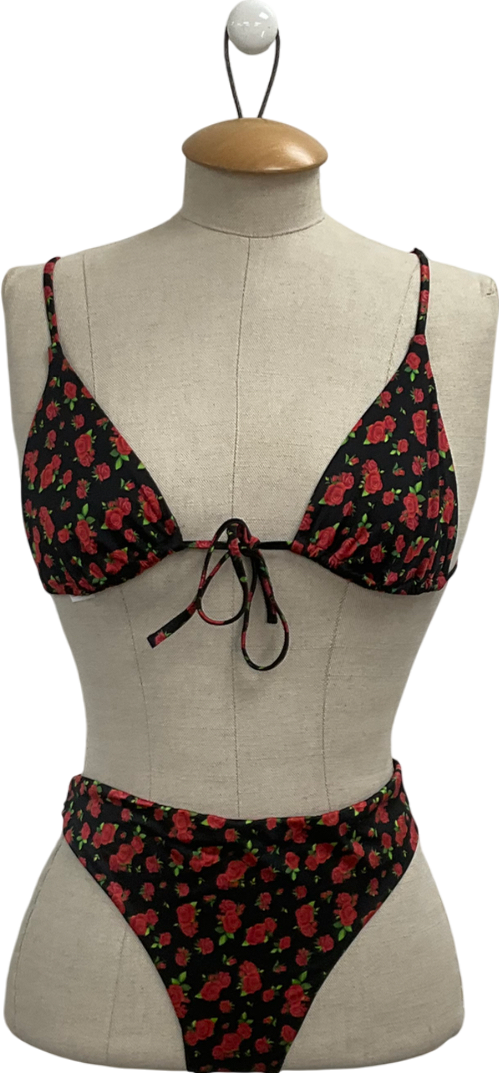 Tezenis Black Rose Print Bikini - Bottoms Uk L, Top UK 8