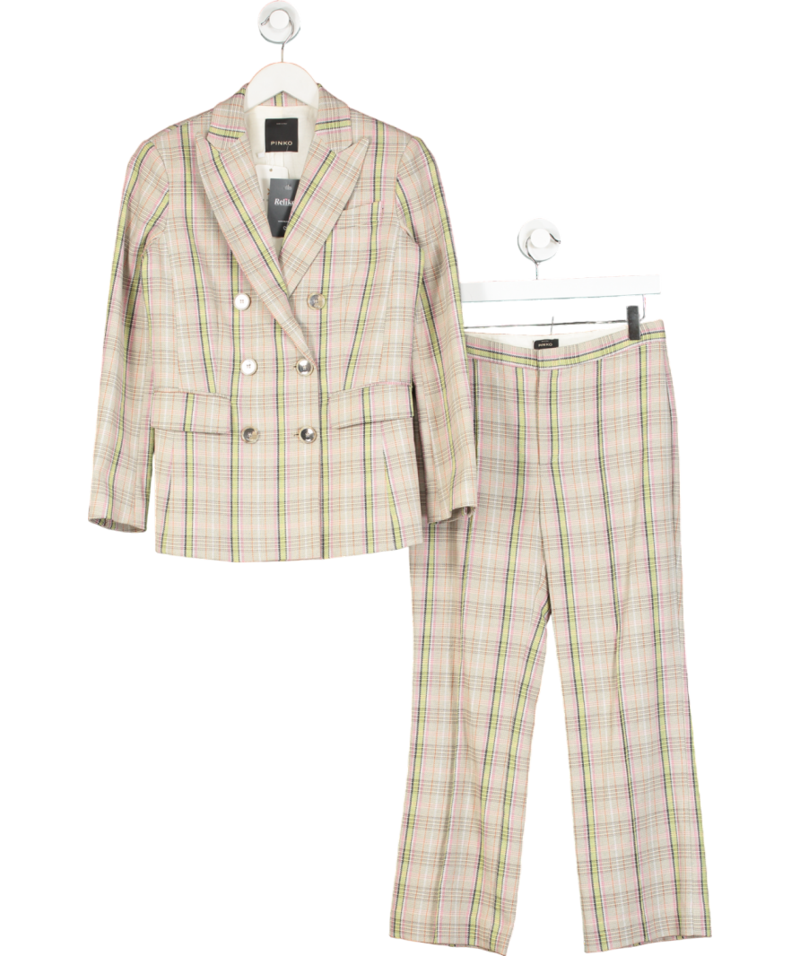 Pinko 2-piece Pink Check Double Breasted Blazer And Straight Leg Trousers UK 8