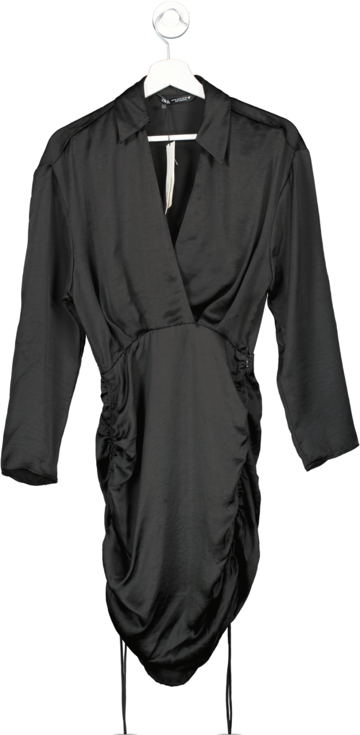 ZARA Black Satin Long Sleeve Ruched Mini Dress BNWT UK S