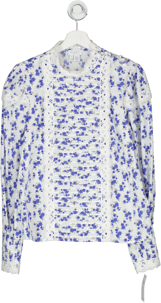 ghost White Blue Floral Lace Trim Cottage Core Top UK S