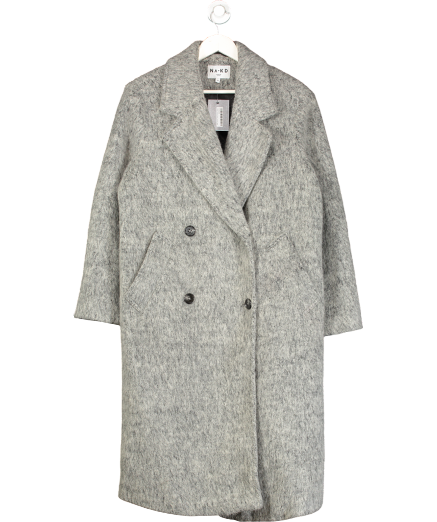 NA-KD Grey Wool Blend Double Breasted Coat UK 6