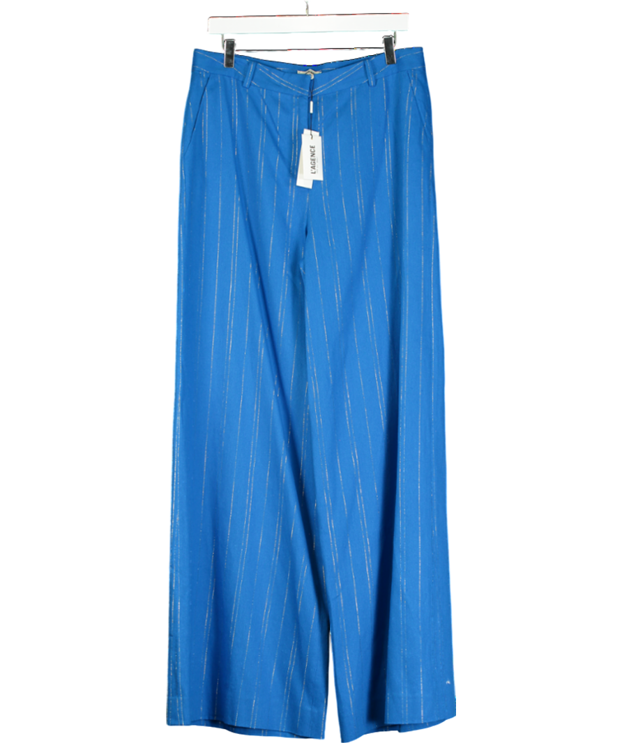 L'agence Blue Pilar Linen-blend Metallic Pinstripe Trousers UK 10