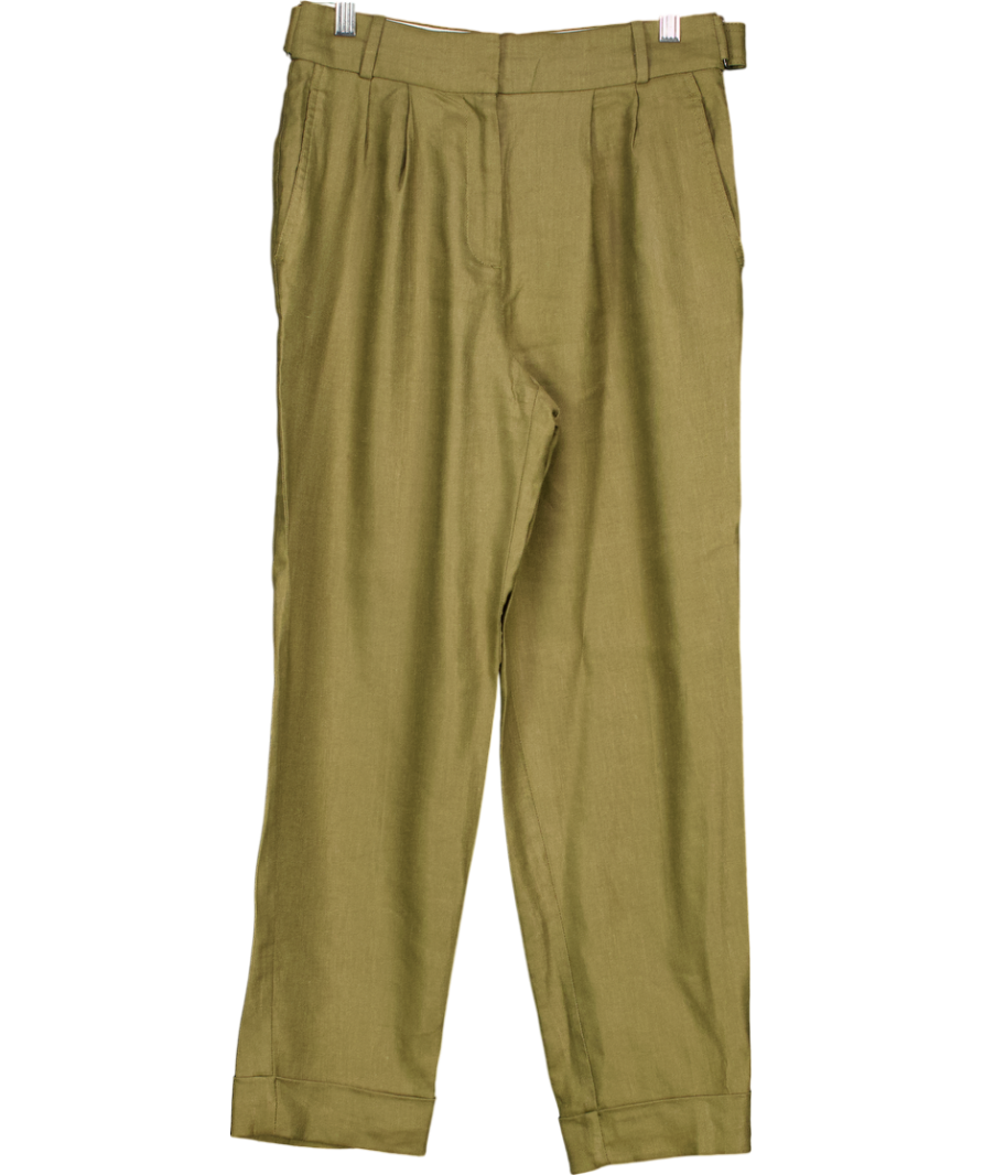 REISS Green Linen Blend Pleat Front Trousers With Fold Over Hem UK 4