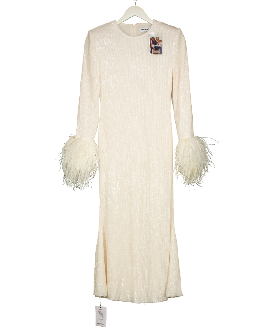 Self-Portrait Cream Sequin Feather Midi Dress UK 6