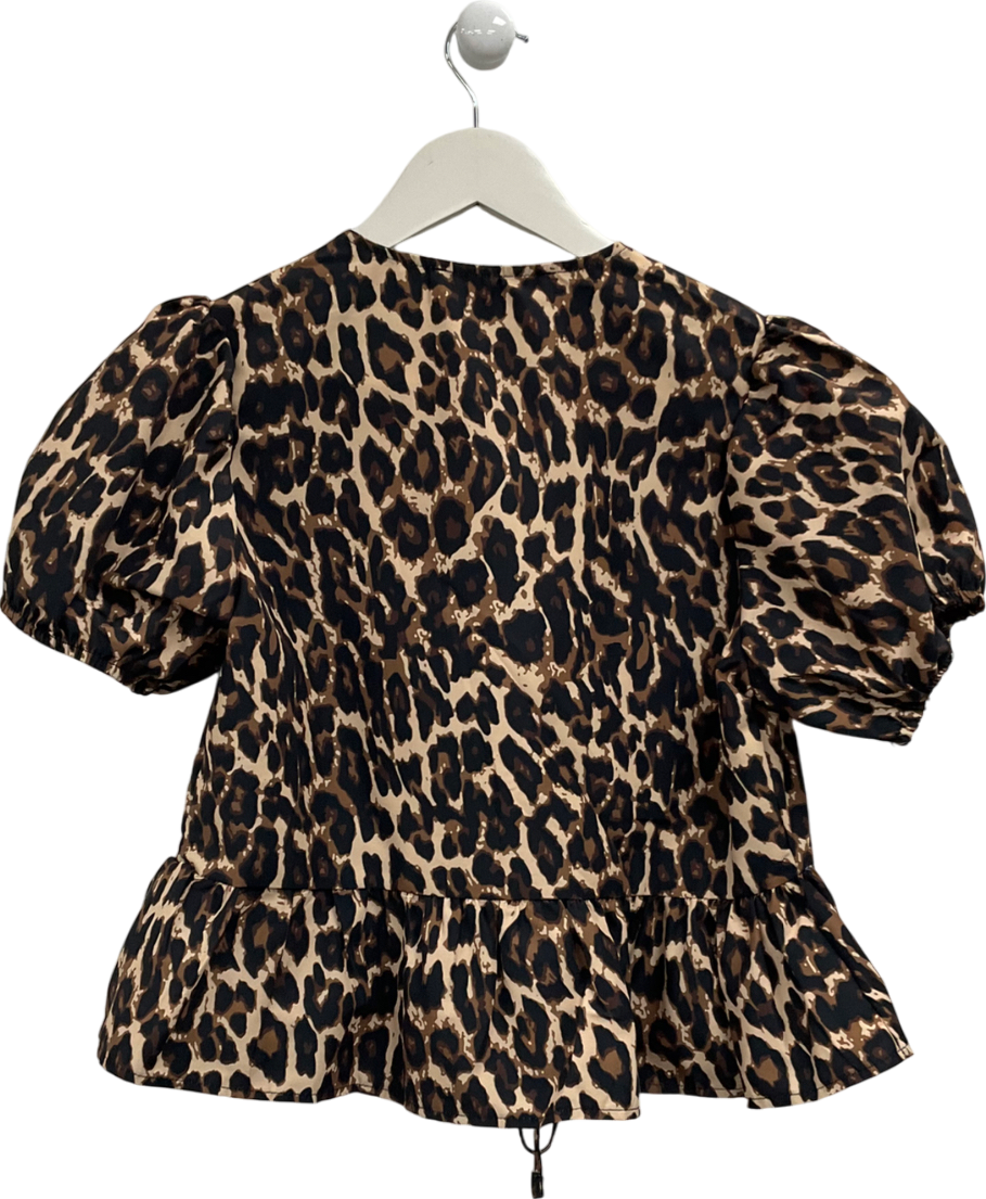 Hiccup Animal Print Balloon Sleeve Blouse With Tie Front Coffee Brown UK 8