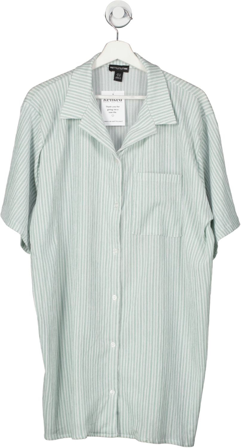 PrettyLittleThing Plus Green Stripe Button Up Oversized Shirt UK 14