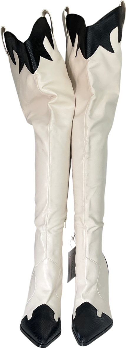 Public Desire White Brandy Stone Western Block Heeled Knee High Boots UK 5 EU 38 👠