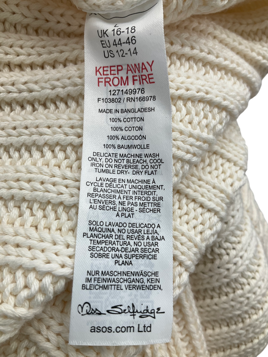 Miss Selfridge Cream Ribbed Knit Jumper UK 12