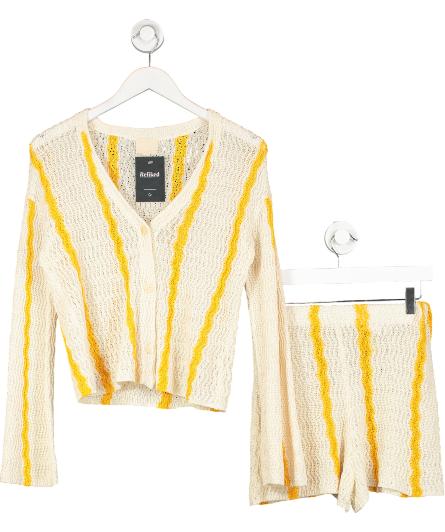 H&M Cream Cream/orange Striped Cotton Crochet 2-piece Cardigan And Shorts Set UK XS
