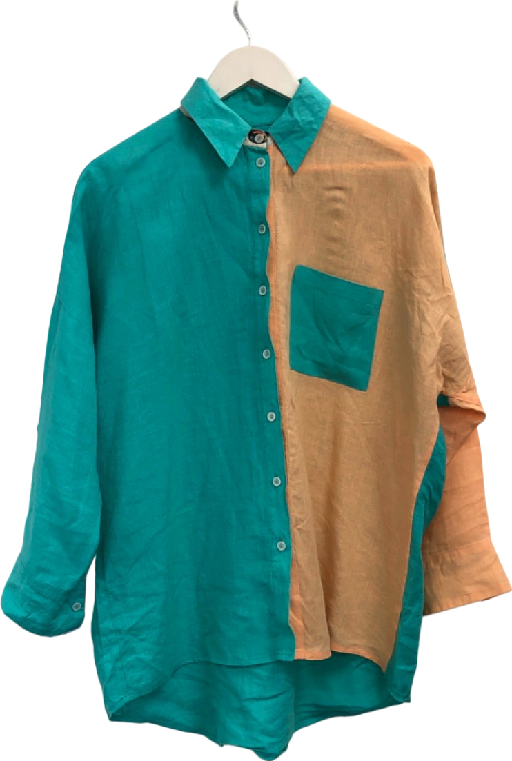 Suits Me Green/Orange Colourblock Linen Sunglasses print Shirt UK XS