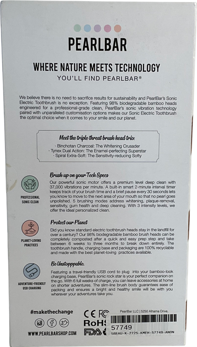 pearlbar Sonic Electric Toothbrush & 3 Bamboo Brush Heads One size